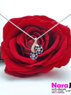 สร้อยไพลิน รูปดอกไม้คู่ ประดับบุษราคัม จี้ไพลิน พร้อม สร้อยคออิตาลี งานนอก
