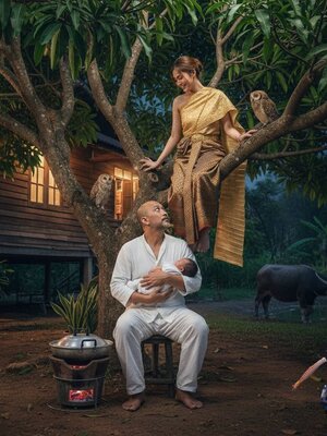 ที่บ้านริมทุ่งนาอันเงียบสงบในพระนครศรีอยุธยา ใต้เงาต้นมะม่วงขนาดใหญ่