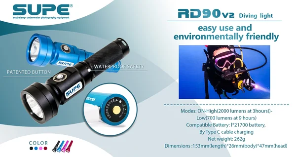 SUPE SCUBALAMP - ไฟฉายดำน้ำ RD90v2 Diving Torch - 2000 lumens ไฟฉาย พร้อม ถ่านชาร์จแบบเสียบชาร์จ image 2